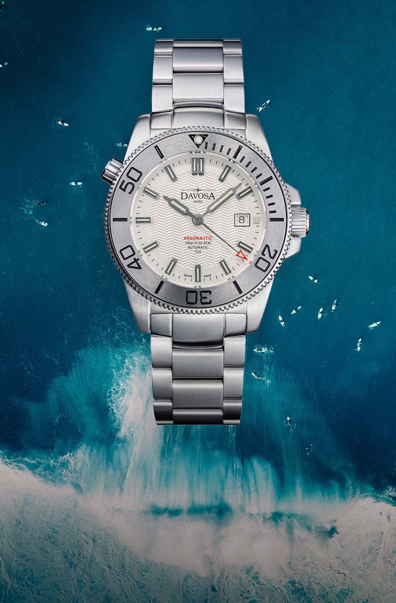 Engineered for the Deep. Crafted for the Coast. Swiss-made DAVOSA Argonautic with white dial to stand out in the deep blue